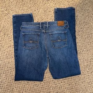 skinny straight leg blue jeans